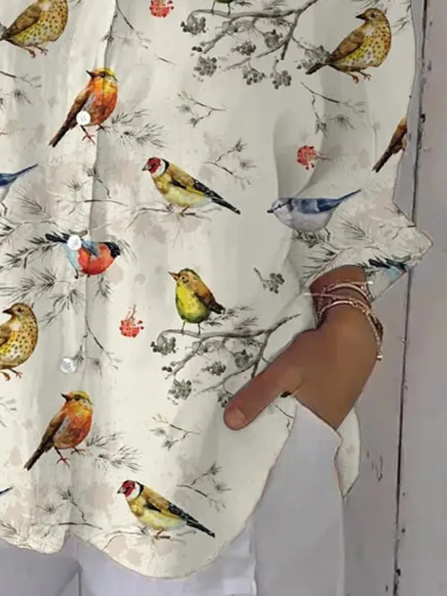 Women's Casual Forest Bird Print Shirt