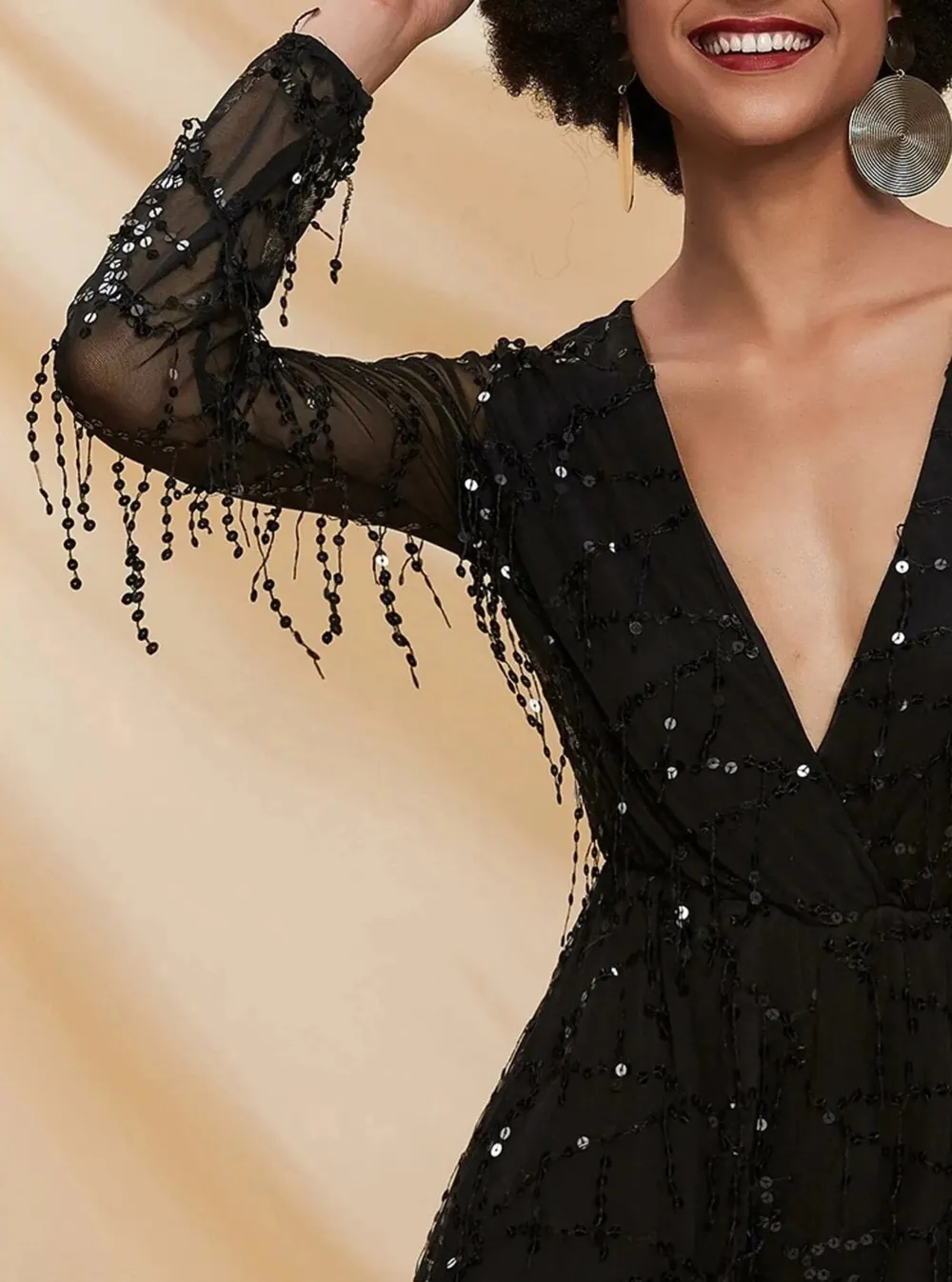 Deep V Neck Sheer Sleeve Sequin Mesh Romper