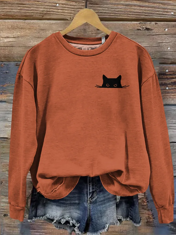 Women's Embroidered Black Cat Print Sweatshirt