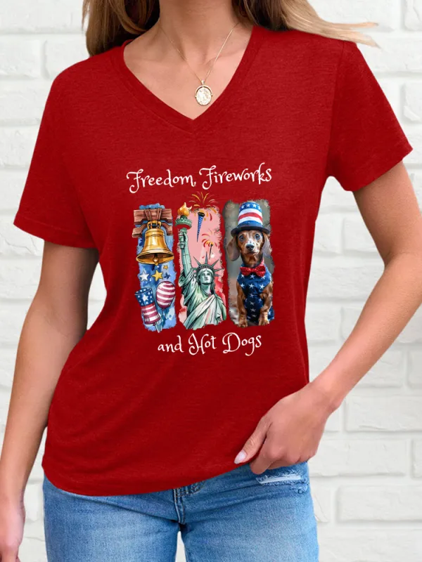 Woman'S Freedom Fireworks And Hot Dogs V-Neck And Short Sleeves T-Shirt