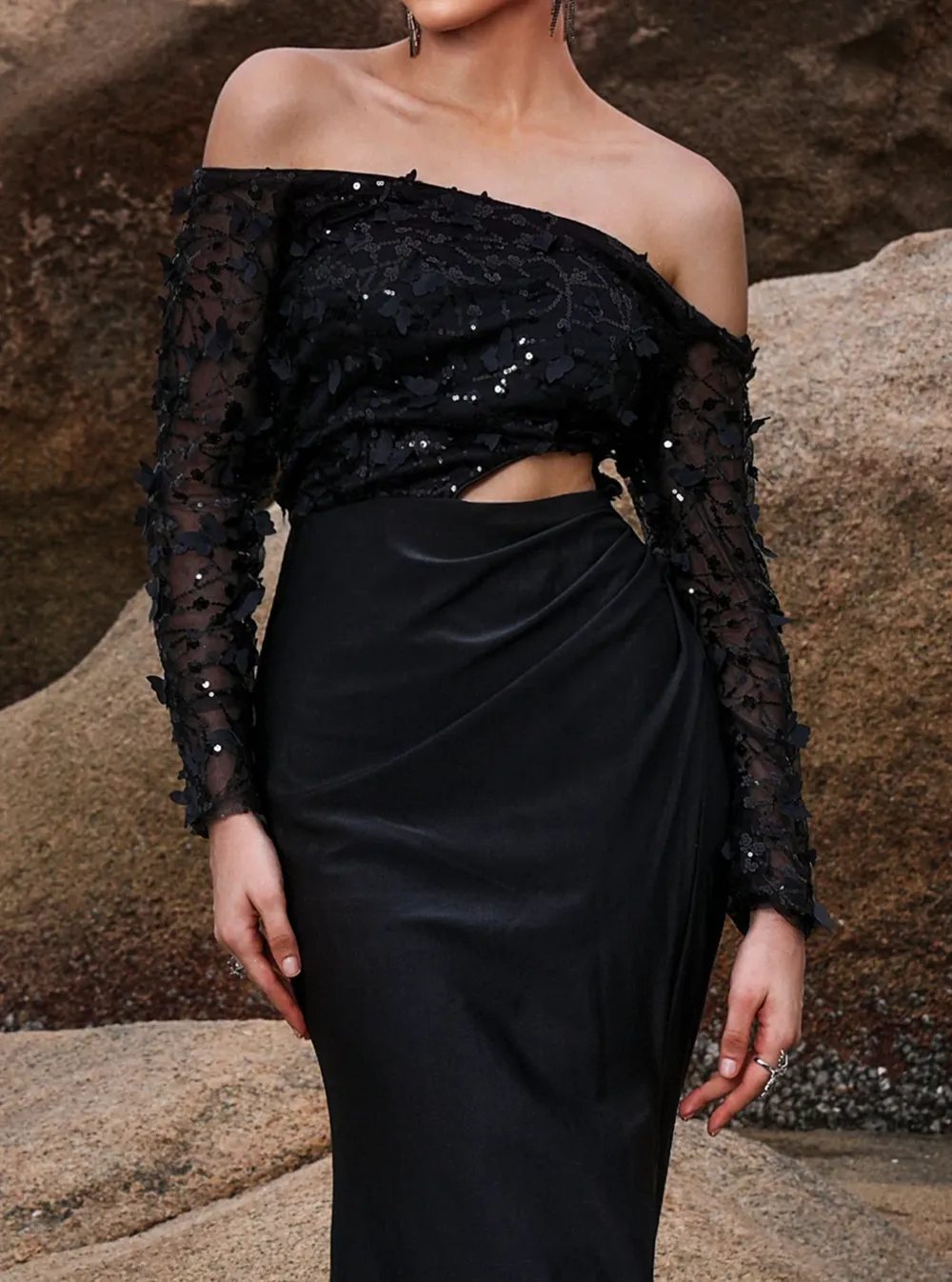 Off Shoulder Butterfly Cutout Black Split Dress