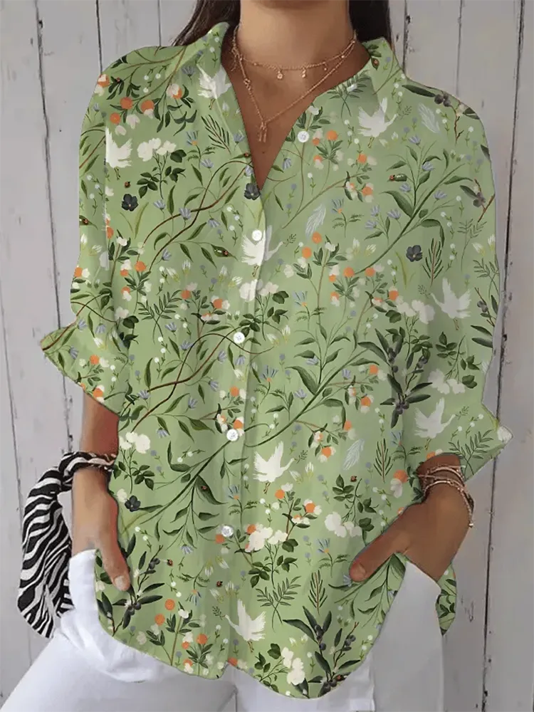 Women'S Floral Print Long-Sleeved Lapel Shirt