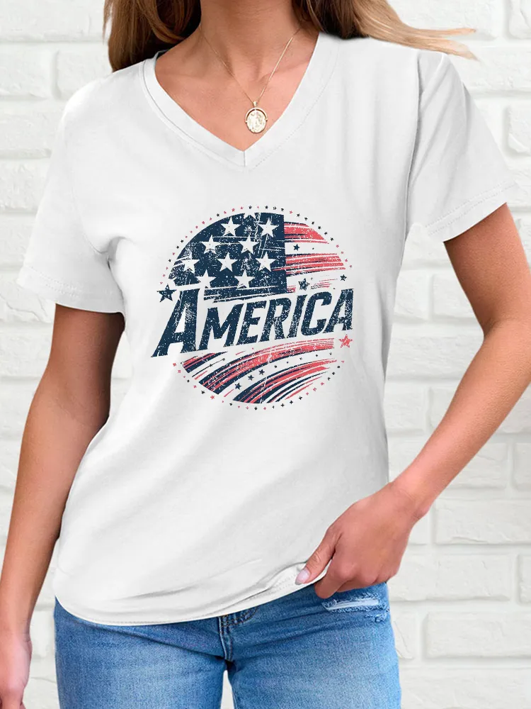 Woman'S America V-Neck And Short Sleeves T-Shirt