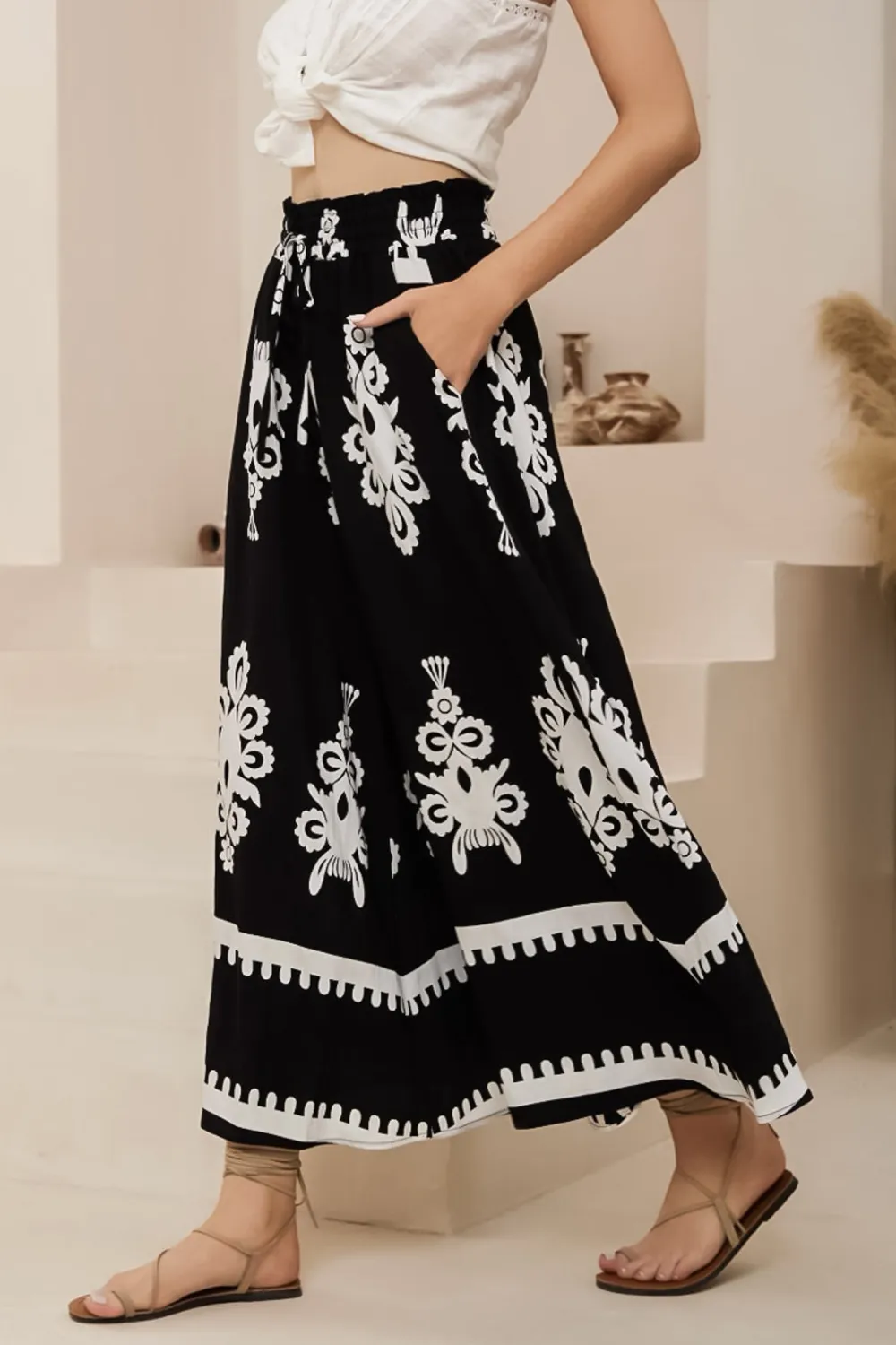 Black Patterned High Waist Wide Leg Trousers