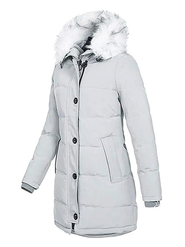 Women's Parka Puffer Jacket Winter Coat Zip up Hooded Coat with Fur Collar Thermal Warm Heated Coat Fall Outerwear with Pockets Classic Long Sleeve Black White