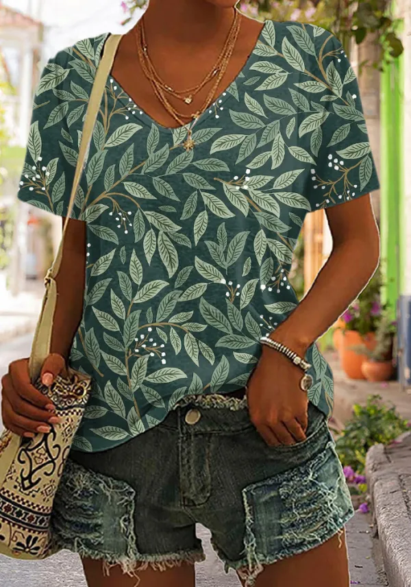 Women's Casual Green Plant Printed V-Neck Short T-Shirt
