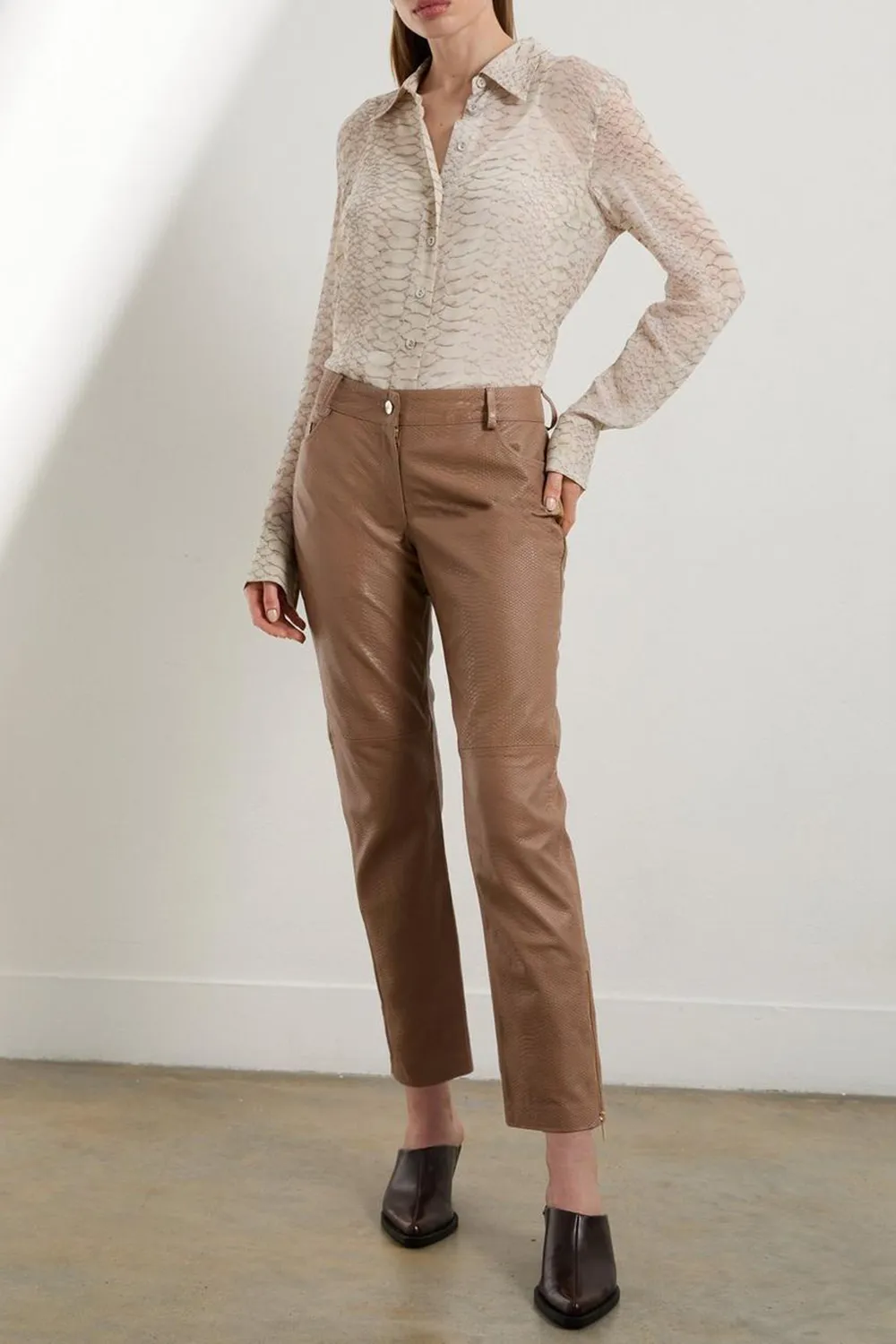 Snake Print Leather Slim Leg Low Rise Trousers