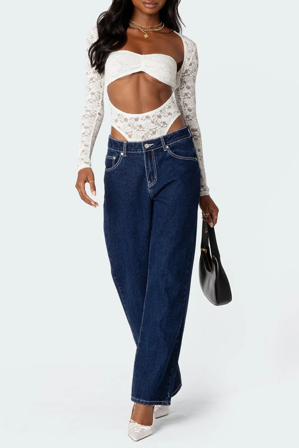 Black Sheer Lace Two Piece Bodysuit