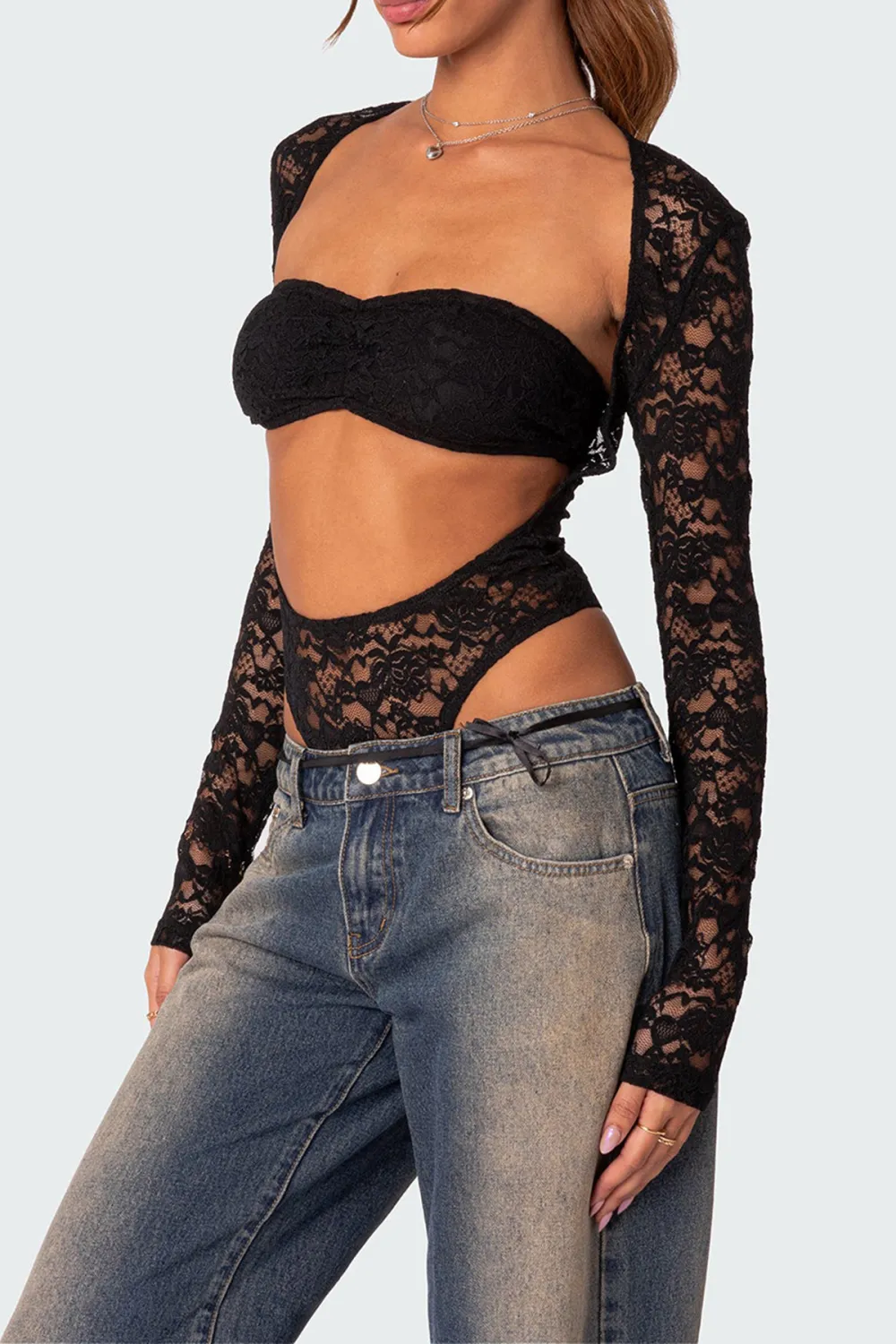Black Sheer Lace Two Piece Bodysuit