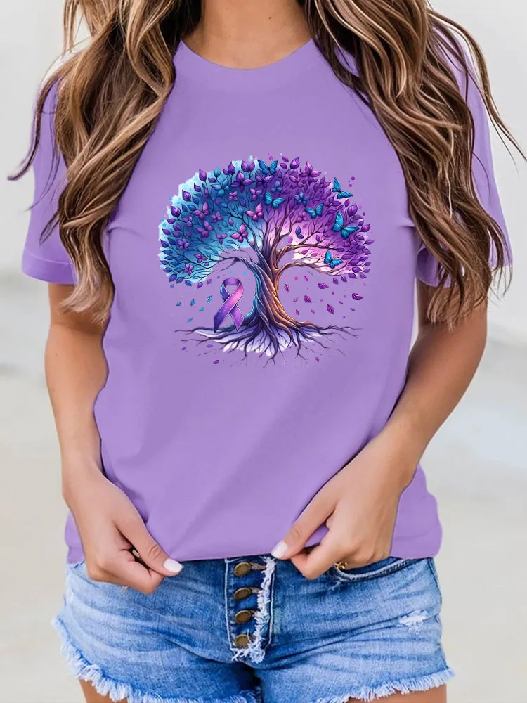 Women'S Round-Neck T-Shirt Alzheimer'S Awareness Butterfly Tree Prints