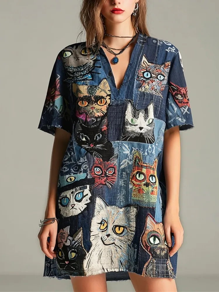 Shabby Patchwork Cowboy Cats Pattern Women's Linen Short Sleeve V-neck Mini Dress