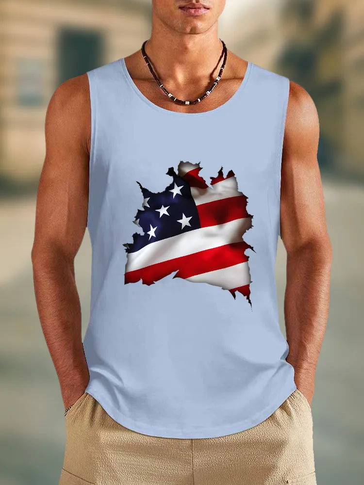 Men'S Damaged Stars And Stripes Print Round-Necked Sleeveless Vest
