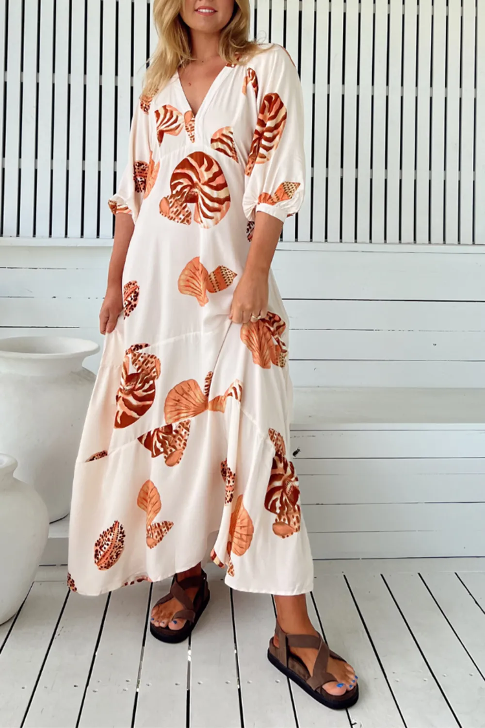 White Shell Print Half Sleeve Maxi Dress