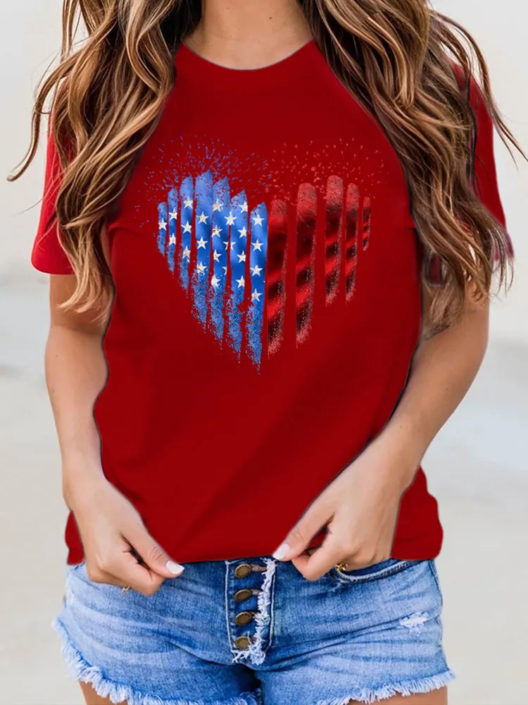 Heart Print Round-Neck Short-Sleeved T-Shirt