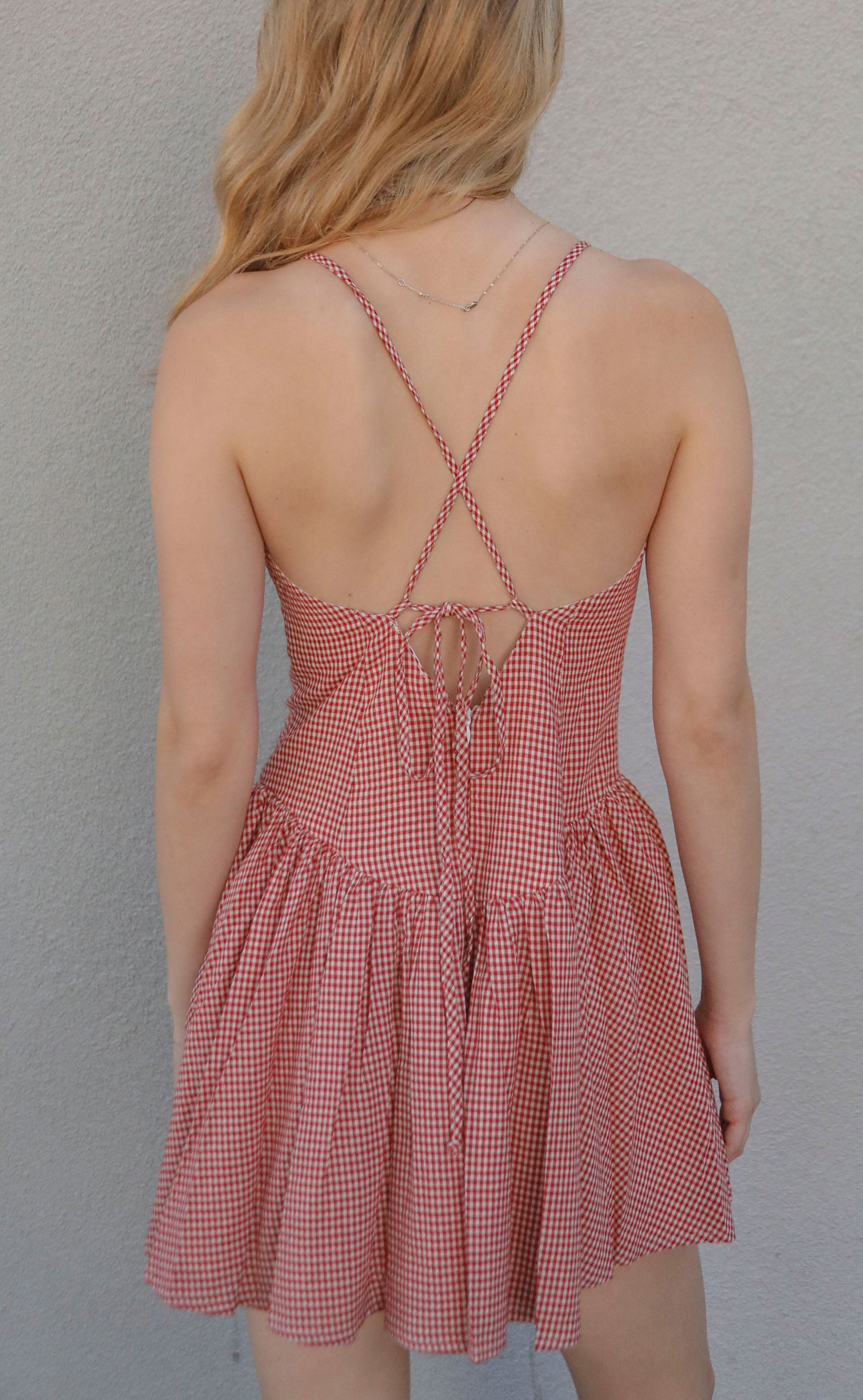 Red Gingham V Neck Ruffled Dress