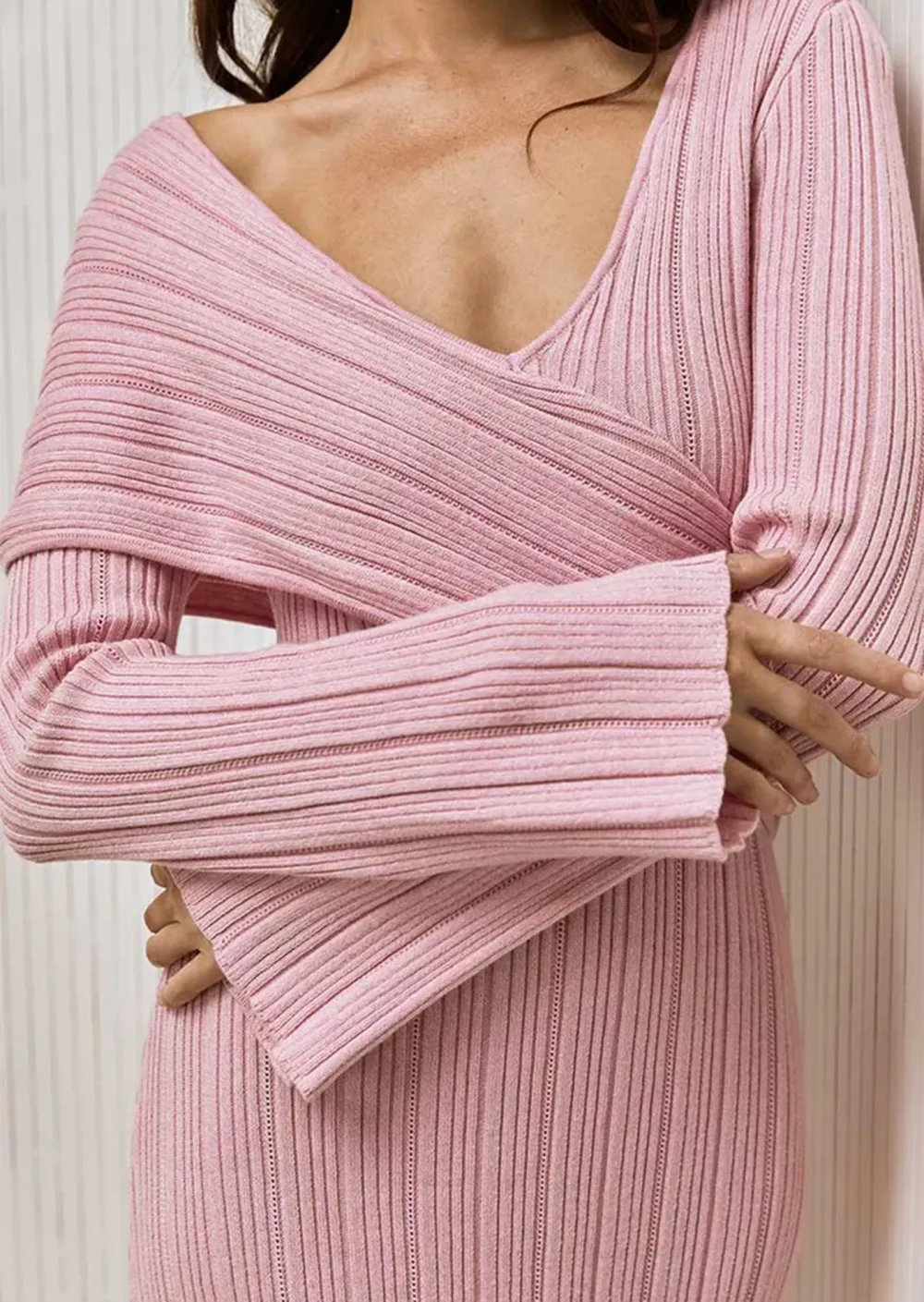 V Neck Long Sleeved Ribbed Midi Dress
