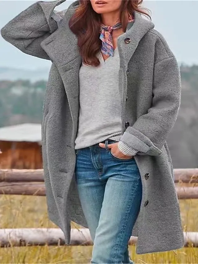 Women's Winter Coat Long Overcoat with Hood Fall Pea Coat Single Breasted Jacket with Pockets Warm Windproof Trench Coat Long Sleeve Black Royal Blue Fuchsia