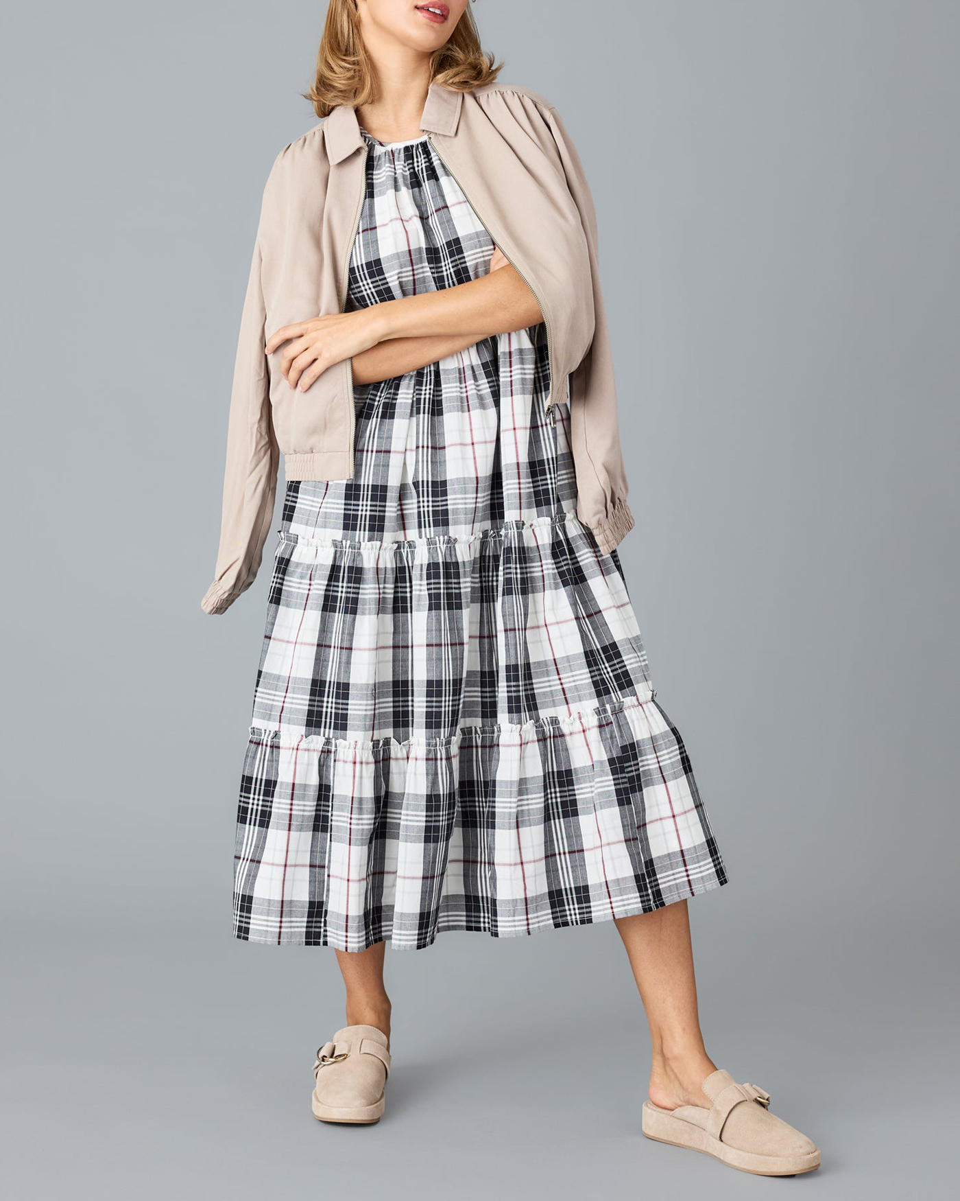 Black And White Plaid Midi Dress
