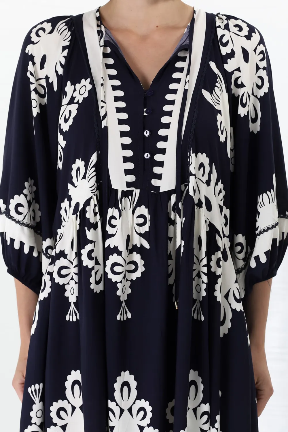 Navy Patterned Half Sleeve Midi Dress