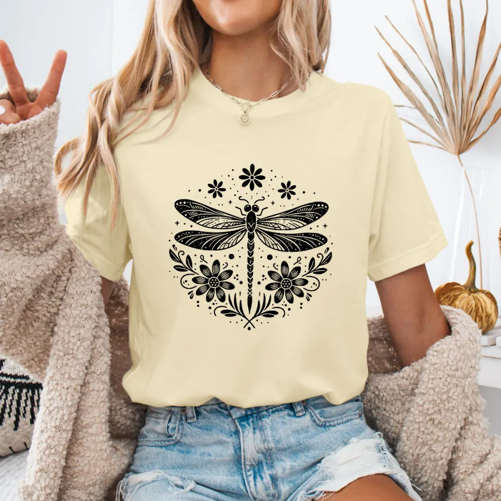 Dragonfly Plant Pattern Casual T-shirt