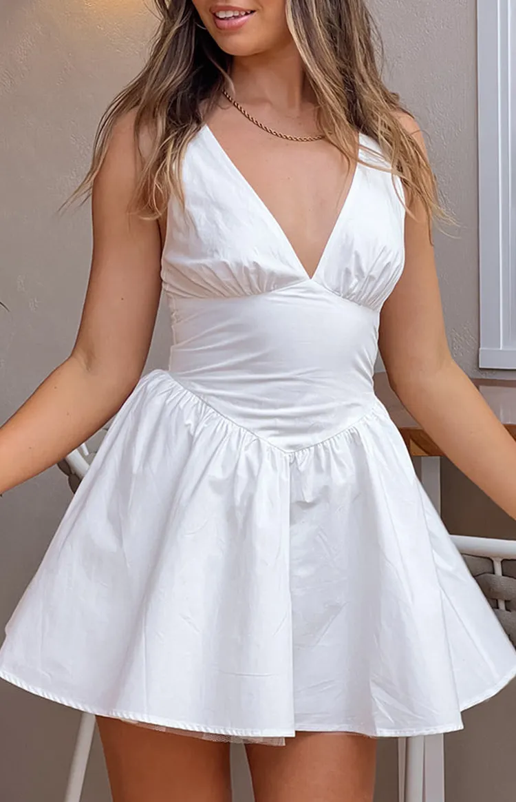White Deep V-Neck Flared Mini Dress