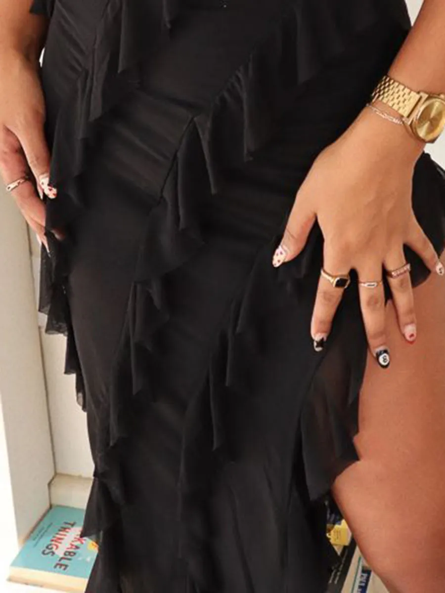 Black Ruffle Sleeveless Maxi Dress