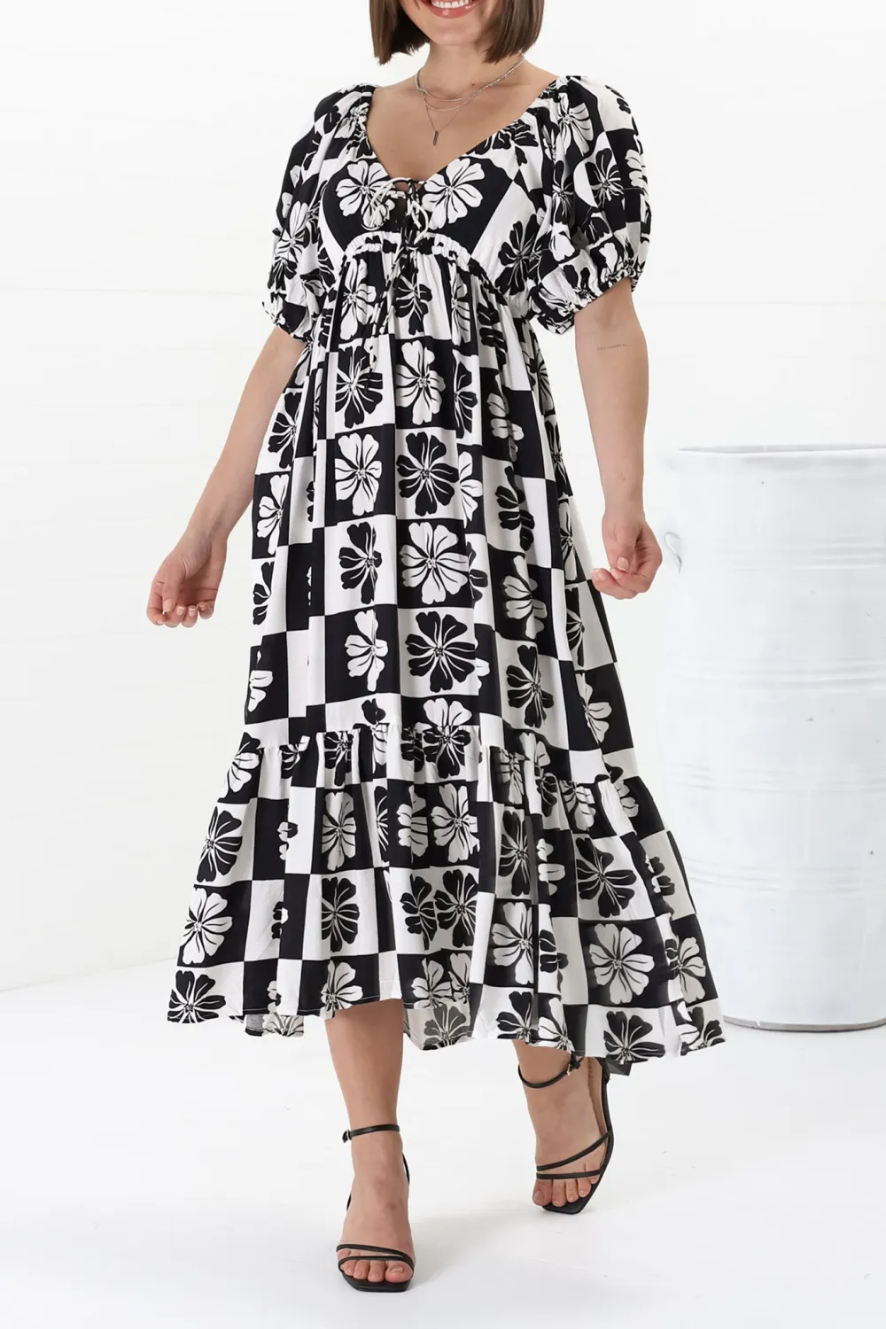 Black Checkered Puff Sleeve Midi Dress