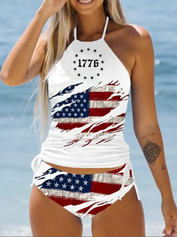 Women'S 1776 Damaged Stars And Stripes Printed Swimsuit Set