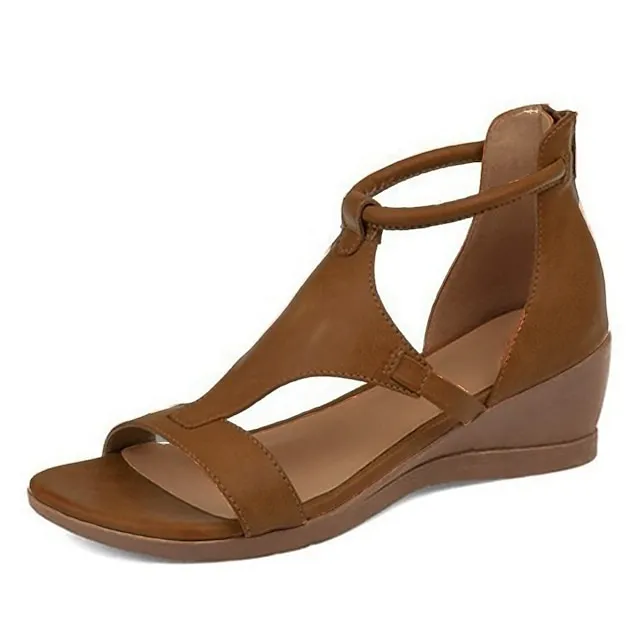 Women's Sandals Wedge Sandals Gladiator Sandals Roman Sandals Plus Size Outdoor Daily Summer Wedge Heel Open Toe Vintage Classic Casual PU Leather Polyester Zipper Solid Color Solid Colored Dark Red