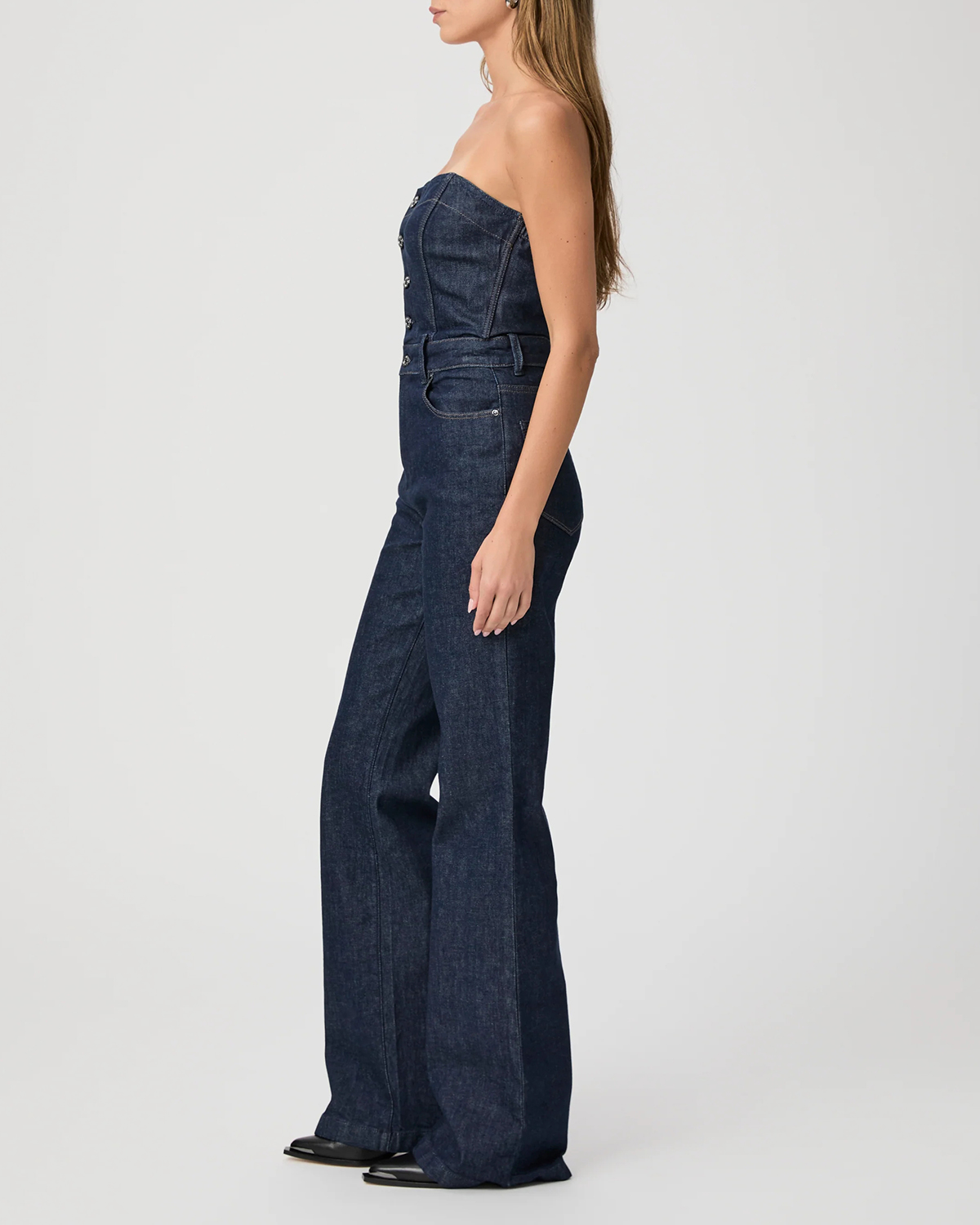 Dark Blue Denim Strapless Flared Jumpsuit