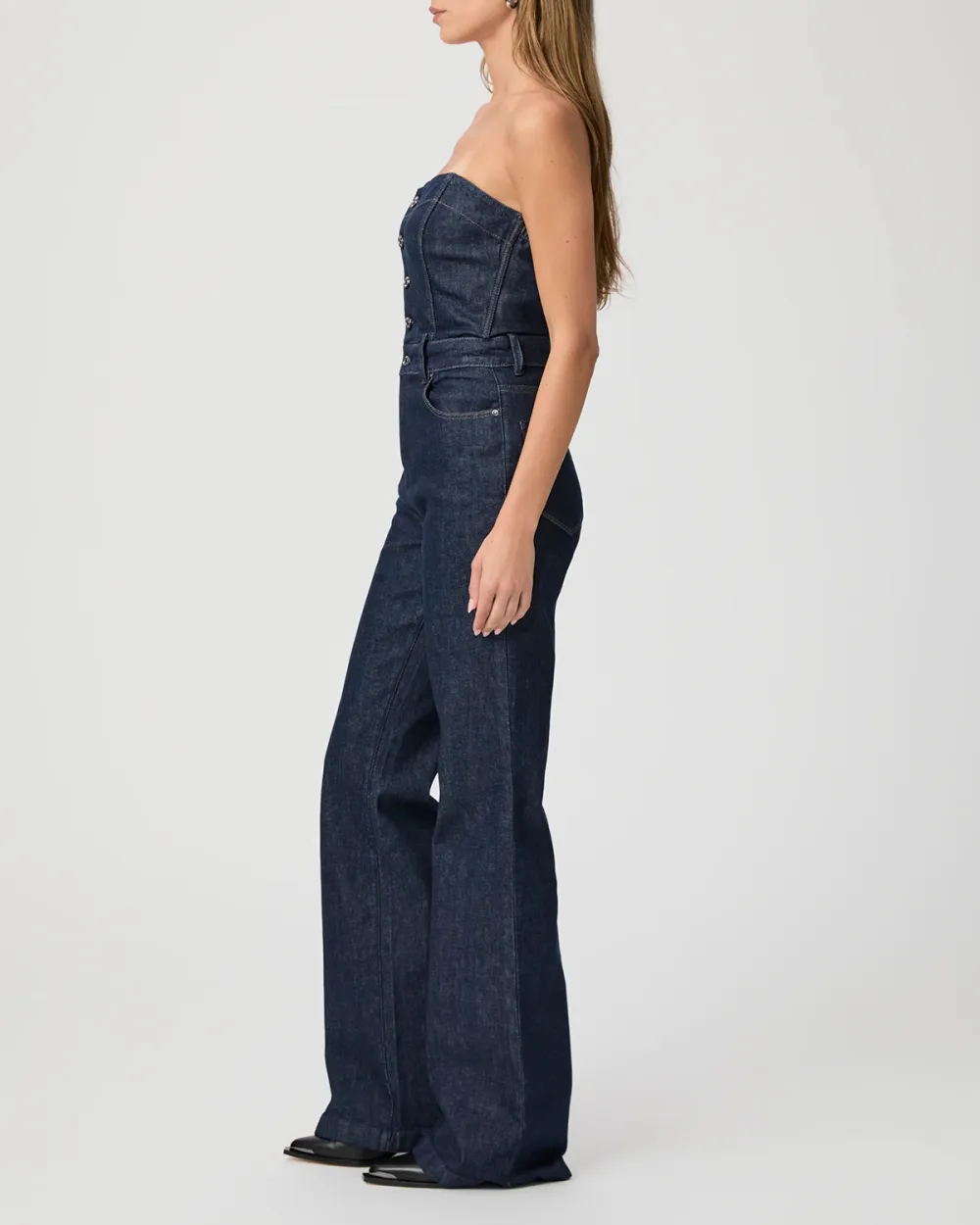 Dark Blue Denim Strapless Flared Jumpsuit