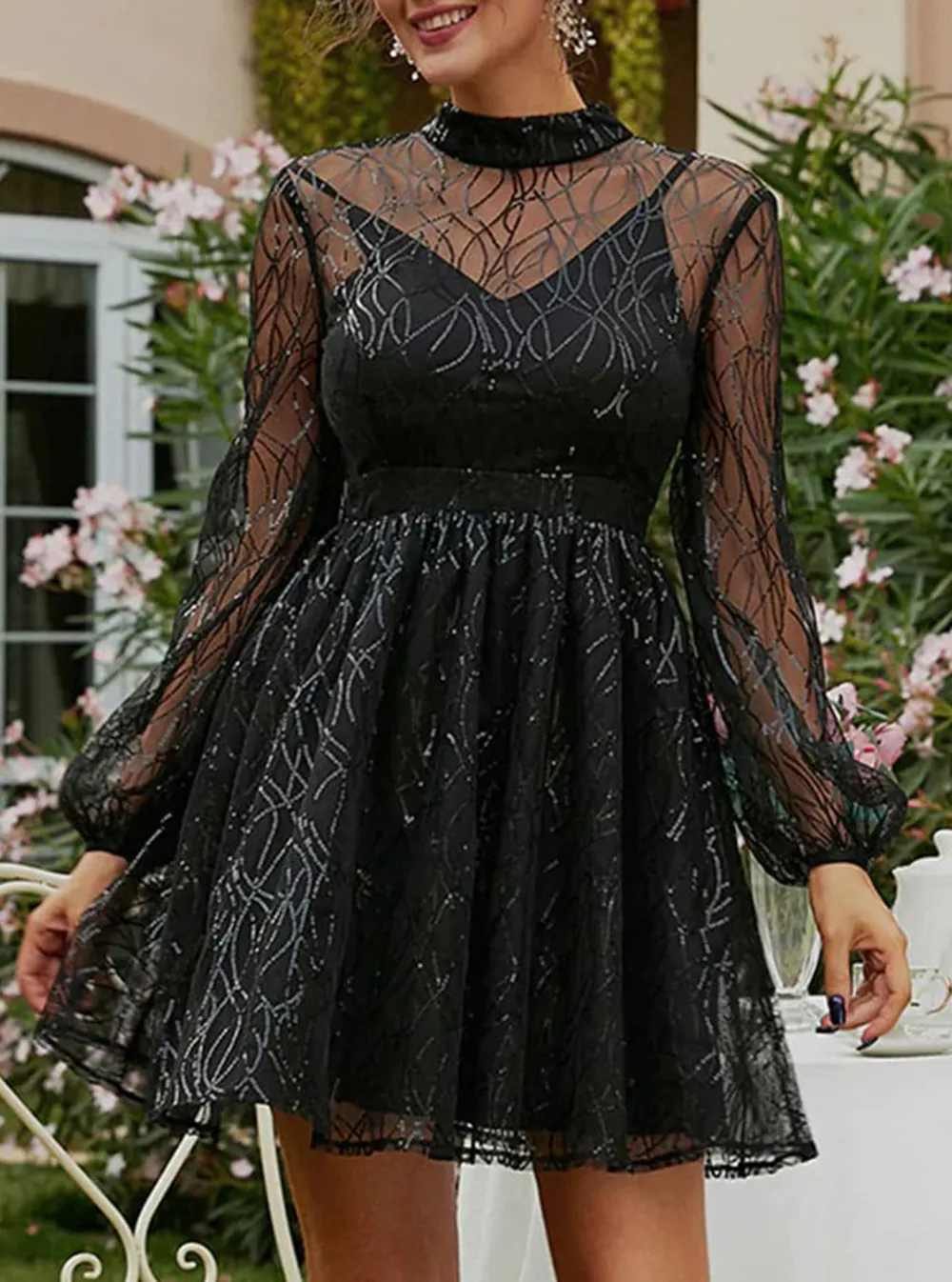 High Neck A-Line Sequin Black Homecoming Dress