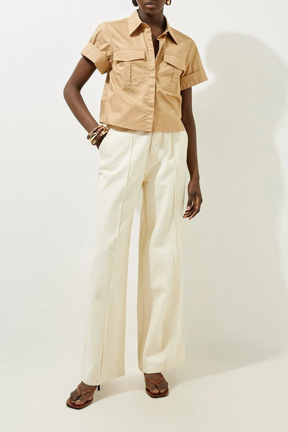 Denim Waistband Detail Wide Leg Trousers