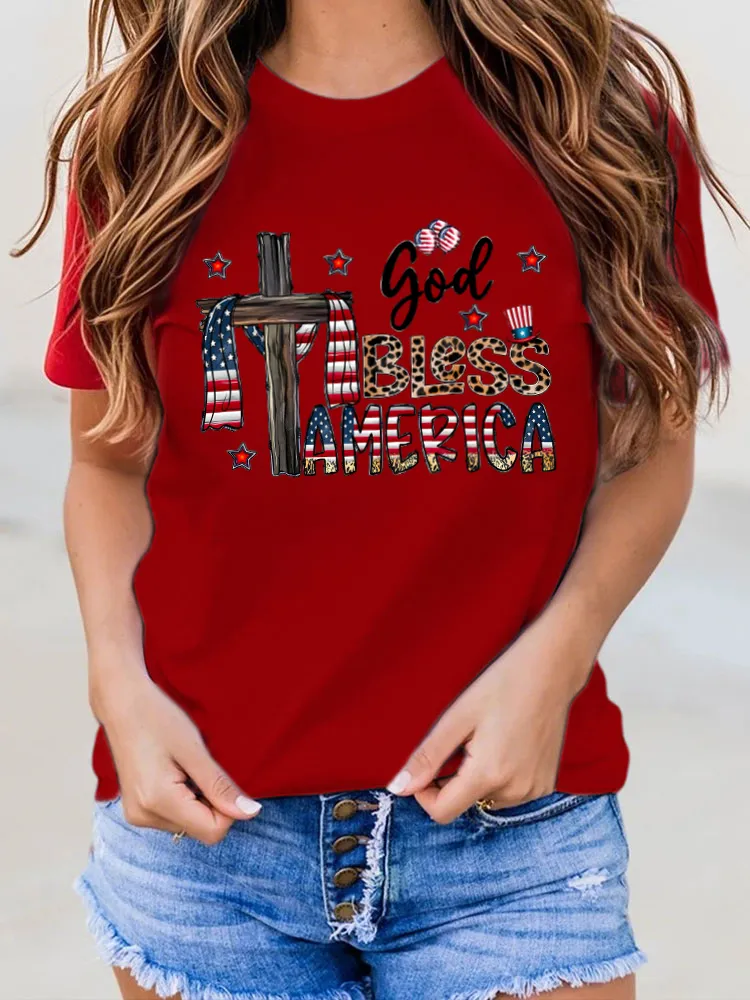 God Bless America Print Round-Neck Short-Sleeved T-Shirt