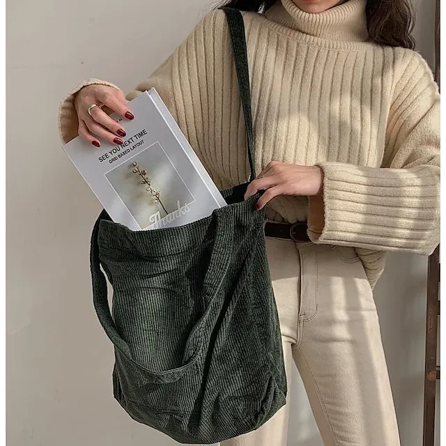 Tote Corduroy Daily Solid Color Black Pink Dark Green