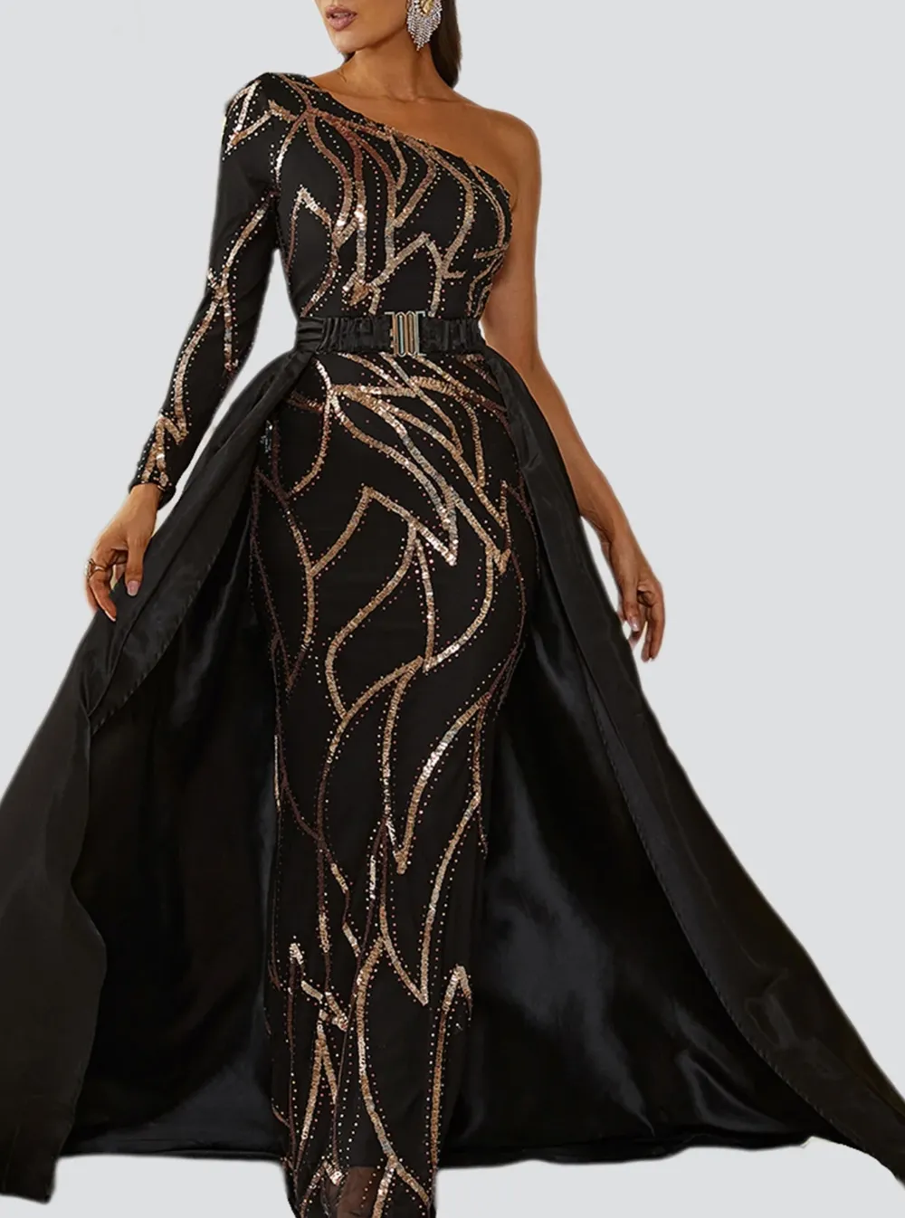 One Shoulder Cloak Sequin Prom Dress