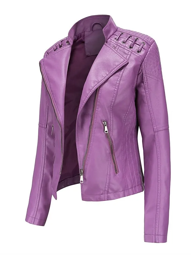 Women's  Faux Leather Jacket Moto Biker Jacket Fall Waterproof Windproof Coat Winter Zipper Lapel Modern Outerwear Long Sleeve Causal Vacation