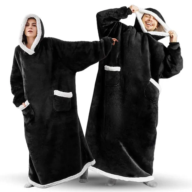 Oversized Wearable Blanket Christmas Flannel Thick Soft Warm Long Hoodie Blanket Big Hooded Sweatshirt Hoodie Blanket for Adults Women Girls Teenagers Teens Men Black