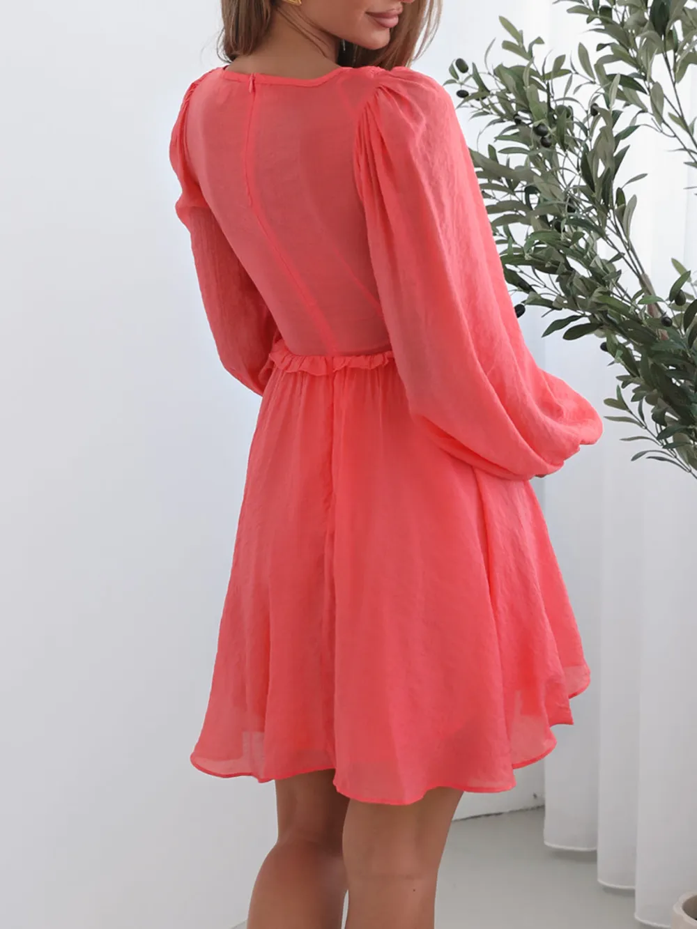 Coral Long Sleeve Casual Style Dress