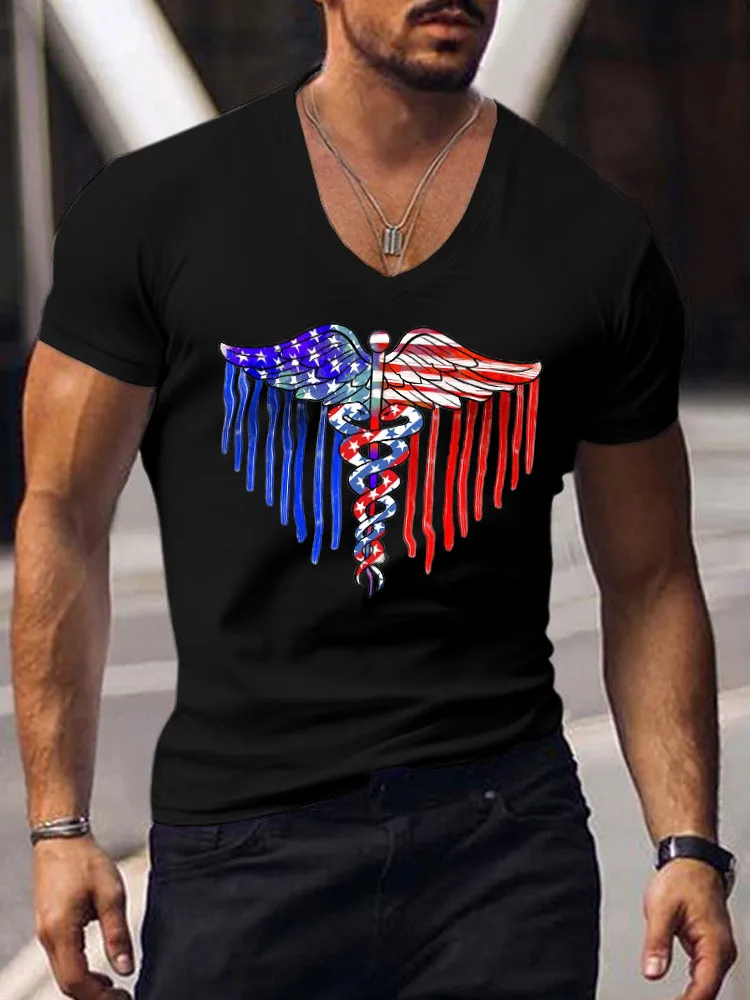 Snake Wing National Flag Print Short-Sleeved V-Neck T-Shirt
