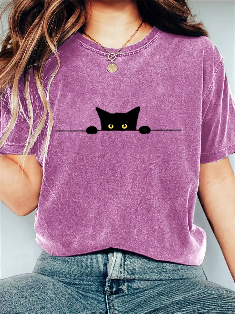 Women's Casual Funny Black Cat Print T-shirt