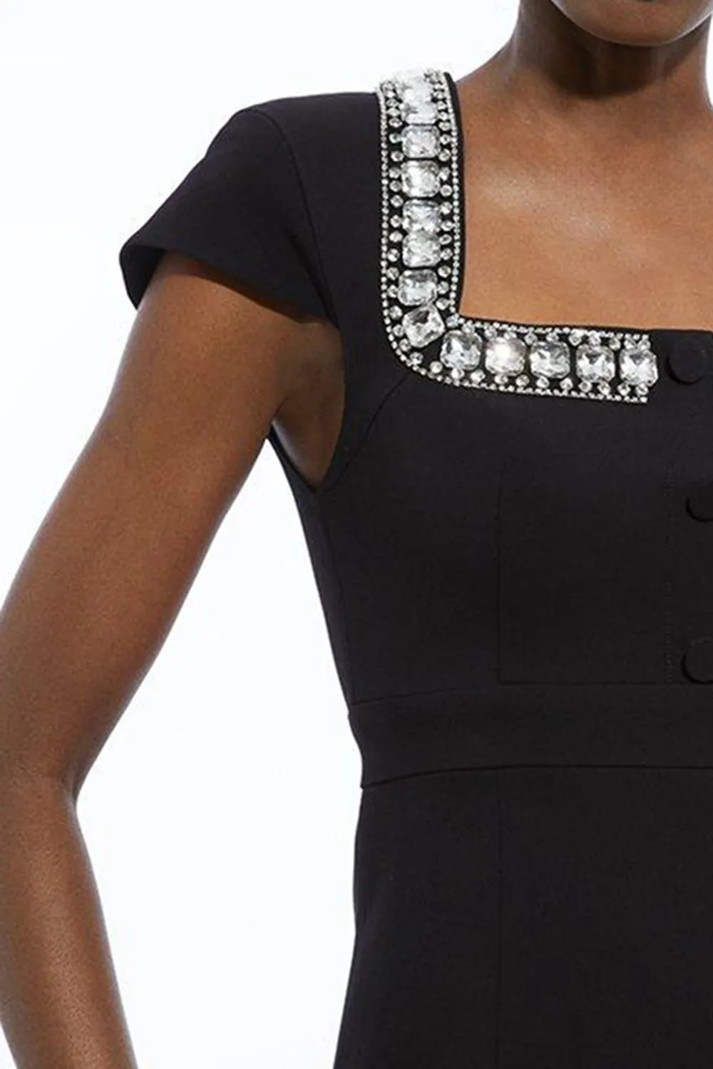 Tailored Compact Viscose Stretch Embellished Cap Sleeve Mini Dress