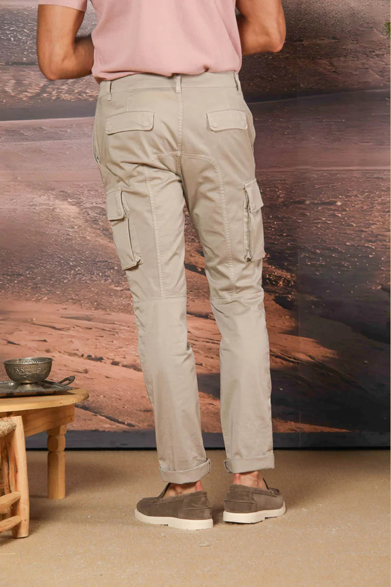 Men's Light Beige Stretch Cotton Slim Fit Large Pocket Overalls