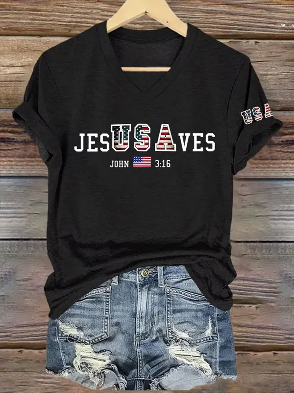 Woman'S Jes Usa Ves John 3:16 V-Neck Short-Sleeve T-Shirt