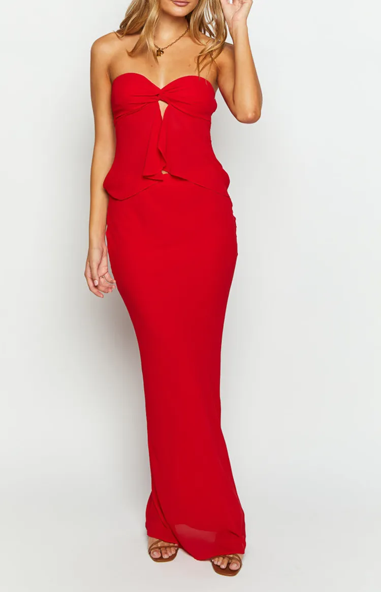 Red Strapless Bow Front Dress