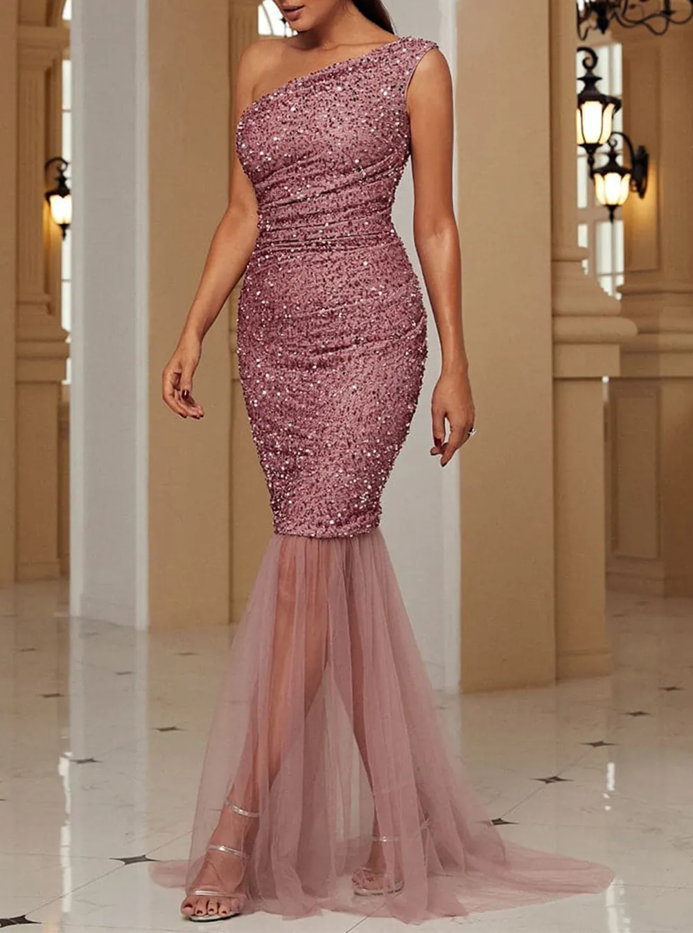 One Shoulder Mermaid Pink Sequin Prom Dress