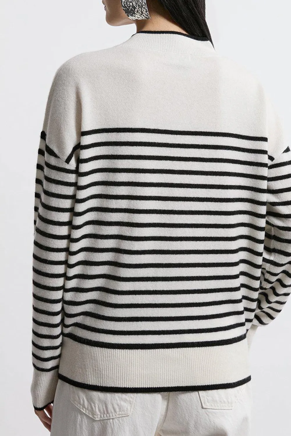 Cashmere Knitted V Neck Contrast Wrap Striped Jumper