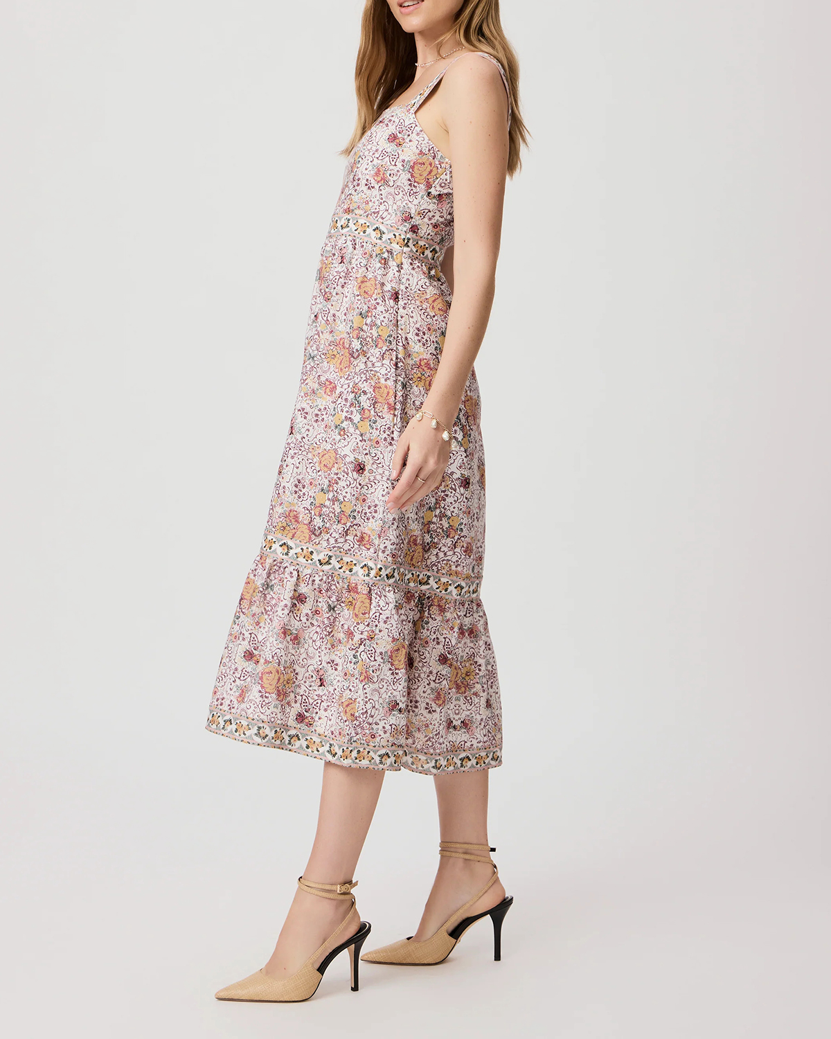 Light Pink And Multicolor Floral Print Square Neck Midi Dress