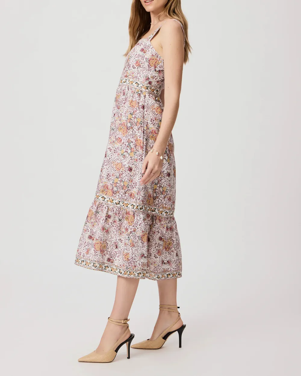 Light Pink And Multicolor Floral Print Square Neck Midi Dress