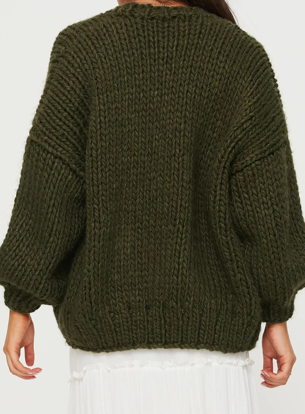 Balloon Sleeves Knit Cardigan Olive